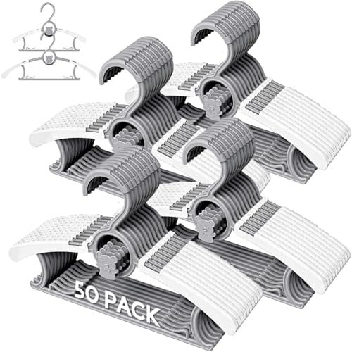 Eunhdet 50 Pack Kids Hangers for Nursery Closet, Adjustable Non-Slip Toddler Baby Hangers with Windproof Buckle, 11-14" Infant Child Plastic Clothes Pant Hanger for Boys Girls Newborn Adult, Grey