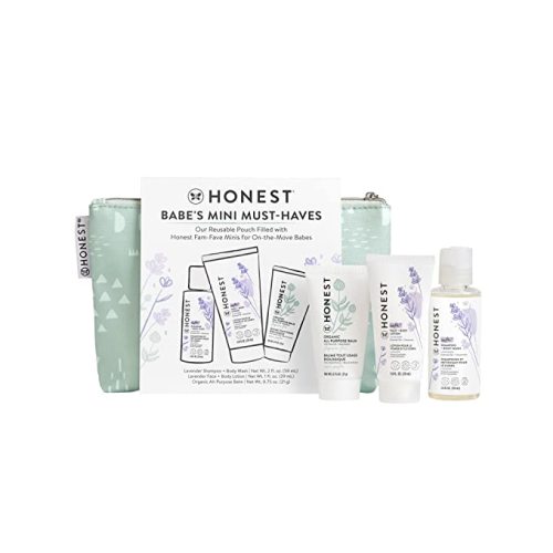 The Honest Company Babe's Mini Must Haves Gift Set | Travel Size Lavender Shampoo + Body Wash (2 fl oz), Face + Body Lotion (1 fl oz), Organic All Purpose Balm (.75 oz), Reusable Pouch - Lavender Calm - Travel Kit