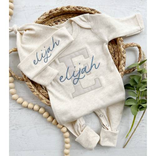 Personalized neutral baby romper and hat set, custom infant boy coming home outfit, baby shower gift, oatmeal with footies