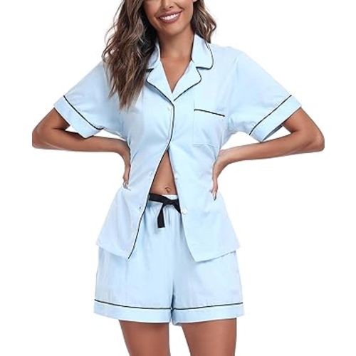 COLORFULLEAF Womens 100% Cotton Pajamas Set Short Sleeve Sleepwear Button Down Pjs Soft 2 Piece Lounge Set with Pockets S-XXL