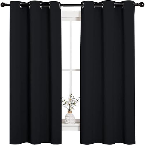 NICETOWN Halloween Pitch Black Solid Thermal Insulated Grommet Blackout Curtains/Drapes for Bedroom Window (2 Panels, 42 inches Wide by 63 inches Long, Black)