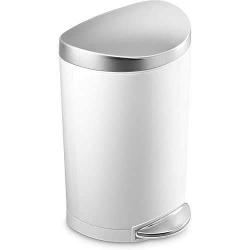 simplehuman 10 Liter / 2.3 Gallon Small Semi-Round Bathroom Step Trash Can, White Steel With Stainless Steel Lid