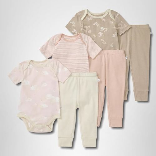 Burt Bees - 6Pk Baby Girl Organic Cotton Bodysuit & Pant Set, Ranunculus
