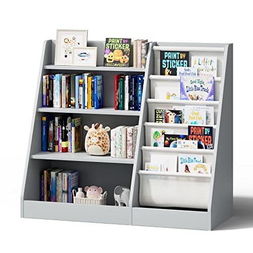 Gray 4 Tier Kids Wooden Bookshelf,Five Layer Sling Toddler Front Facing Bookcase,Baby Kids Storage Book Rack,Book and Toy Organizer Cabinet,Child Book Display Playroom Nursery Bedroom