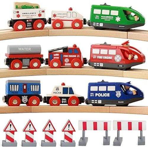Wooden Train Set for Toddlers Battery Operated Action Rescue Trains with 3 Magnetic Motorized Engines and 6 Cars, Compatible with Thomas, Brio, Melissa and Doug