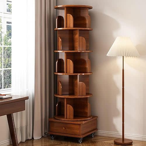 360° 6 Tier Rotating Bookshelf with Drawer and Wheels, Tall Bookcase for Small Spaces, Corner Shelf for Bedroom, Living Room, Office, Wood Bookshelf, Walnut