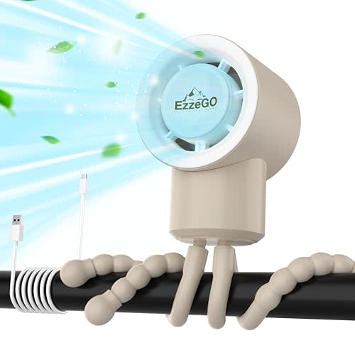 EzzeGo Portable Mini Travel Stroller Fan - Battery Operated, Clip On, Small, Handheld, Rotating, Rechargeable, Personal Fan with Flexible Tripod, 3 Speeds for Baby Crib, Bed Car, Seat Treadmill