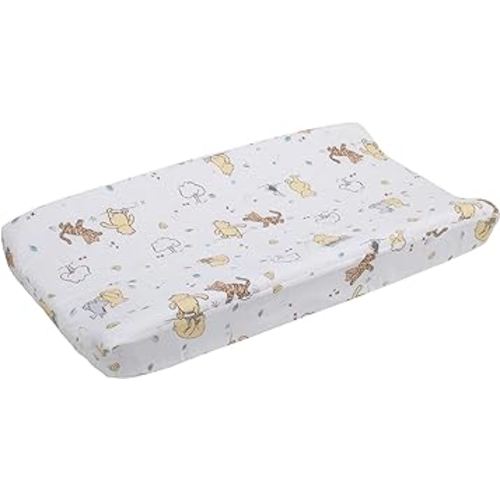 Disney Winnie The Pooh Classic Pooh 100% Cotton Quilted Changing Pad Cover, Ivory/Butter/Aqua/Orange 1 Count (Pack of 1)
