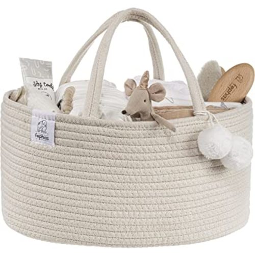 Baby Diaper Caddy Organizer- Off White Rope Nursery Storage Bin- Portable Diaper Storage Basket for Changing Table and Car- Perfect Baby Shower & Registry Gift