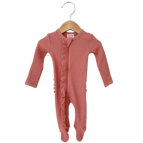 Organic Waffle Ruffle Zip Footie, Dusty Rose
