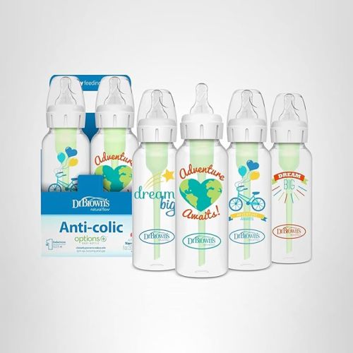 Dr. Brown's Natural Flow Anti-Colic Options+ Narrow Baby Bottle, Dream Adventure, 8 oz/250 mL, with Level 1 Slow Flow Nipple, 0m+, 4 Count (Pack of 1)