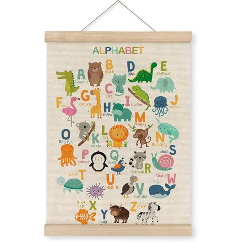 MAQIKA ABC Alphabet Animals Poster Framed with Wood Hanger, Nursery Wall Art, ABC Wall Decor, Kids Playroom Hanging Wall Decor, Alphabet Banner Canvas Wall Art Paints for Nursery Classroom 12x16 inch
