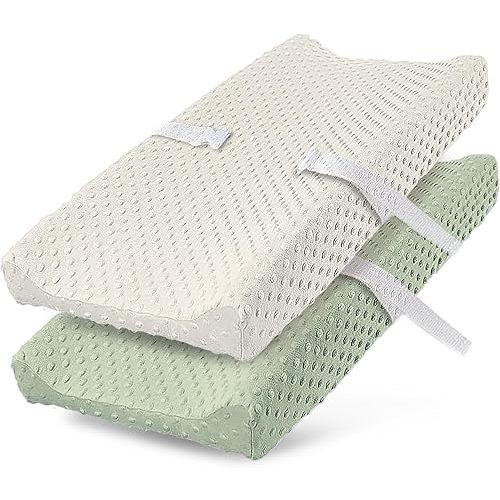 2 Pack Changing Pad Cover for Baby Boys Girls, Ultra Soft Breathable Plush Dot Diaper Changing Table Pad Cover, Neutral Fitted Changing Pad Sheets (Pristine and Green)
