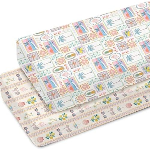 Bright Summer Beach Girly Baby Crib Sheets for Girl 52x28In Tropical Lemon Palm Tree Seashells Soft Snug Fitted Crib Mattress Cover Boho Coastal Seaside Baby Sheet for Crib & Toddler Mattress 2 Pack