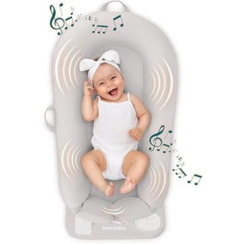 MyBaby 3-in-1 Calming Baby Cushion, Soothing Comfort for Newborns & Infants, Snuggling Sensation, Sound and Vibration, Designed for Safety, Rechargeable & Machine-Washable, by Homedics, Gray