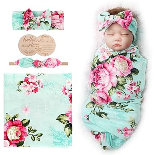 Baby Girl Newborn Receiving Blanket with Matching Bow Hat and Headband Set Flower Print Baby Swaddle Blanket Shower 1 Pack