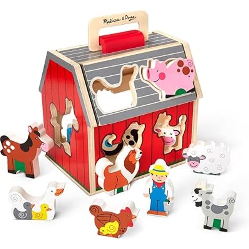 Melissa & Doug Wooden Take-Along Barn Toy with Flip-Up Roof and Handle, 10 Farm Play Pieces, Shape Sorting And Stacking Learning Toys For Toddlers And Kids Ages 2+