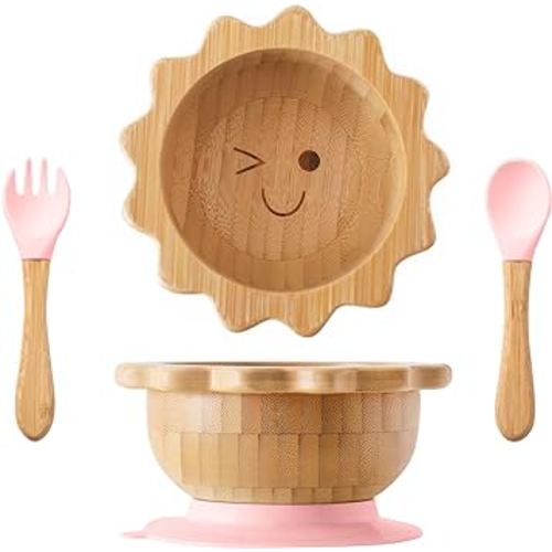 Bamboo Suction Bowl for Baby Kid Toddler Bowl Spoon Fork Set with Removable Silicone Suction All-Natural Baby Feeding Set for Baby-Led Weaning Fits Feeding High Chair Table