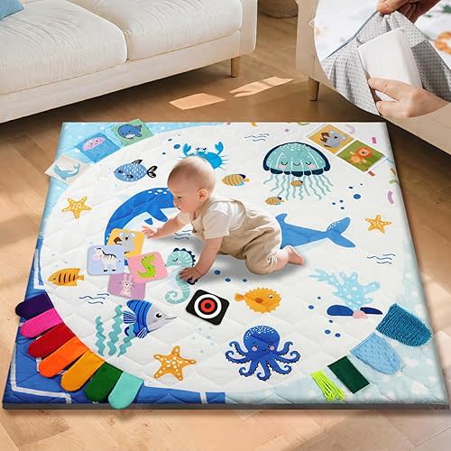 TINYHARBO Premium Foam Baby Play Mat 50x50, 4 Developmental Zones Play Mat with Removable & Machine Washable Cover, Extra Thick Padding Playpen Mat, Easy to Clean for Infants, Toddlers & Babies