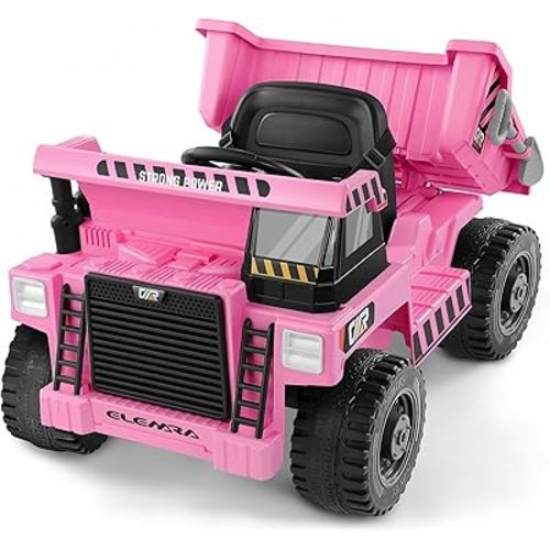 ELEMARA Ride on Construction Truck, 12V 9AH Ride on Car with Dump Bed, Shovel, Battery Car for Kids,4.0MPH Max,Kids Electric Vehicles with Remote, Ride on Truck with Phone Stand, Bluetooth, Music-Pink