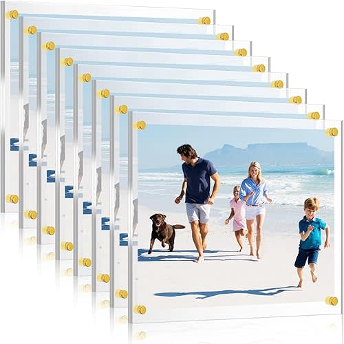 Yalikop 8 Pack Acrylic Floating Picture Frame 8.5 x 11 Inches Wall Mount Frameless Photo Frames Double Panel Clear for Home Office Photo Display, Full Size 9.6 x 13.2 Inch(Gold)