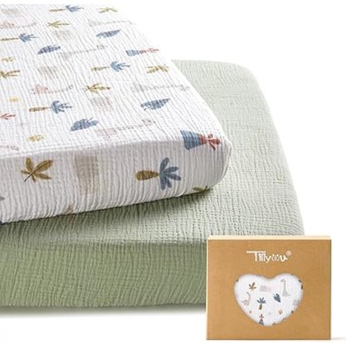 TILLYOU Muslin Mini Crib Sheets 2 Pack, Pack and Play Mattress Sheets Fitted for Pack N Play, 38 x 26 Sheet for Toddler, Dinosaur