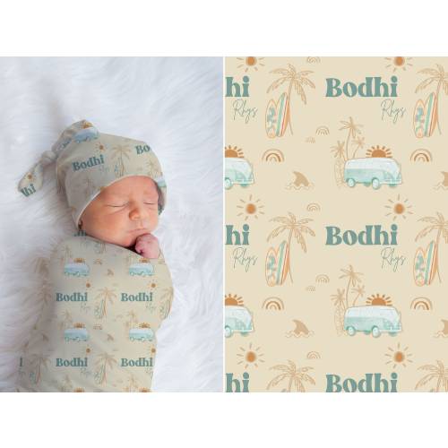 Personalized Surfer Baby Swaddle Blanket & Beanie: Boho Ocean Nursery