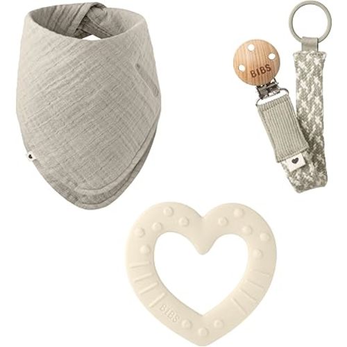 BIBS My First 6 Months Gift Set | Includes Cloth Bib, Pacifier Clip and Bitie Teether | Sage