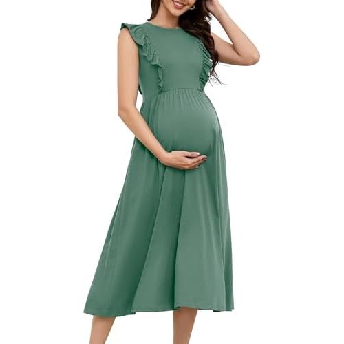 OUGES Womens 2025 Spring Hidden Zipper Nurisng Dress for Breastfeeding Casual Sleeveless Ruffled Midi Maternity Dress