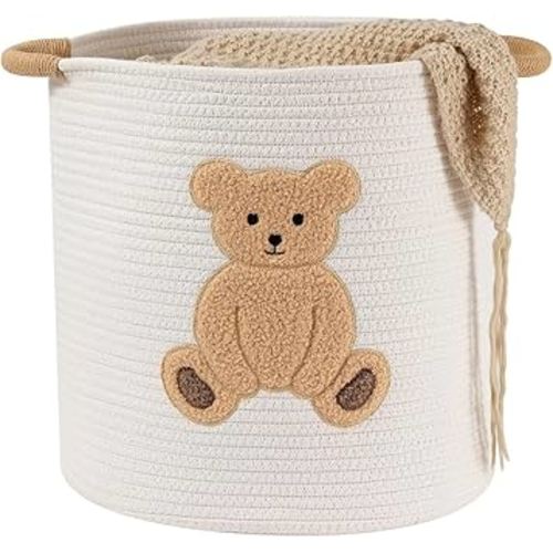 Large Blanket Baskets for Living Room Decor, Toy Storage Baskets Woven Cotton Rope Teddy Storage Basket for Kids, Dog Toys Organizer Clothes Hamper with Embroidery Decor for Nursery (Large, Bear)