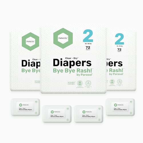 Parasol Clear+Dry Disposable Diapers and Clear+Pure Wipes, RashShield Protection, Size 2 (10-18 lbs), Diaper Bundle of 216 Diapers & 240 Wipes