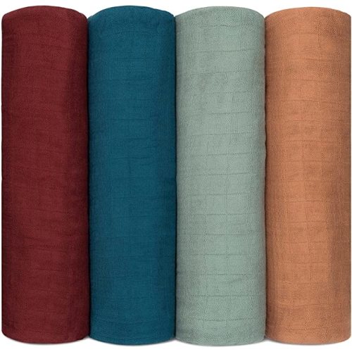 Comfy Cubs Muslin Swaddle Blankets Neutral Receiving Blanket Swaddling, Wrap for Boys and Girls, Baby Essentials, Registry & Gift (Wine, Neptune, Fern, Caramel) - Pack of 4