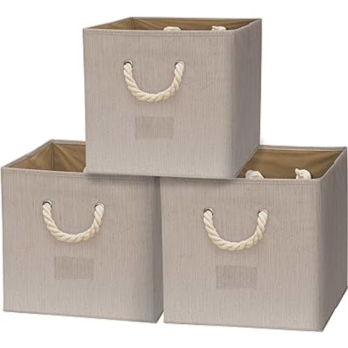 Simple Houseware 13" Cube Storage Bin With Braided Rope Handles, 3 Pack, Beige