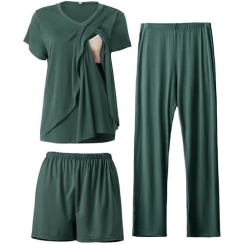 Rnxrbb V Neck Nursing Pajamas Set 3 Pack Postpartum Pjs Breastfeeding Sleepwear for Women Double Layer with Pockets