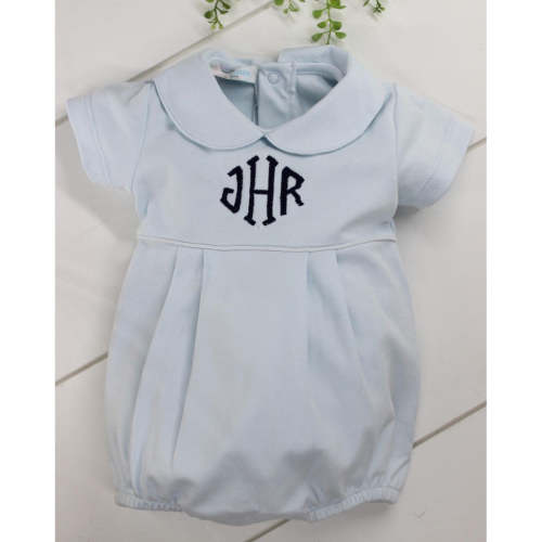 Baby Boys Blue Cotton Bubble Outfit Peter Pan Collar