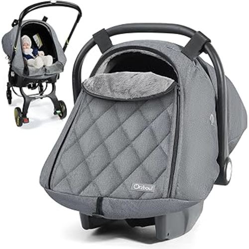 Orzbow Winter Carseat Cover for Baby, Infant Car Seat Cover Compatible with Doona Car Seats, Zipper Access, Breathable, Rain, Snow and Wind Proof, Winter Baby Essentials Carrier Canopy, Light Grey