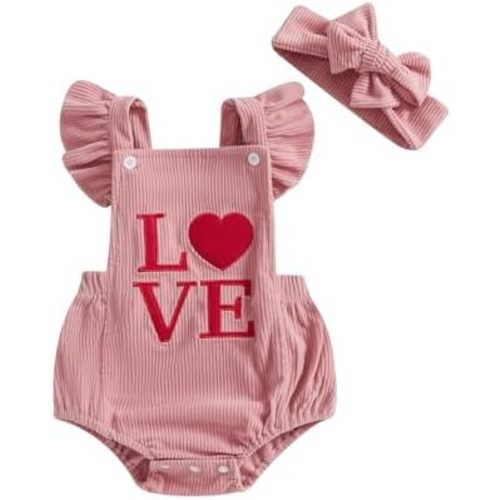 Newborn Baby Girl Valentines Outfit Love Letter Print Red Heart Embroidery Ruffle Sleeve Romper Cute Jumpsuit