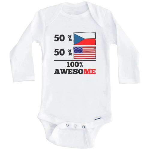 50 Percent Czech 50 Percent American 100% Awesome Funny Czech Republic Flag One Piece Baby Bodysuit (Long Sleeve)
