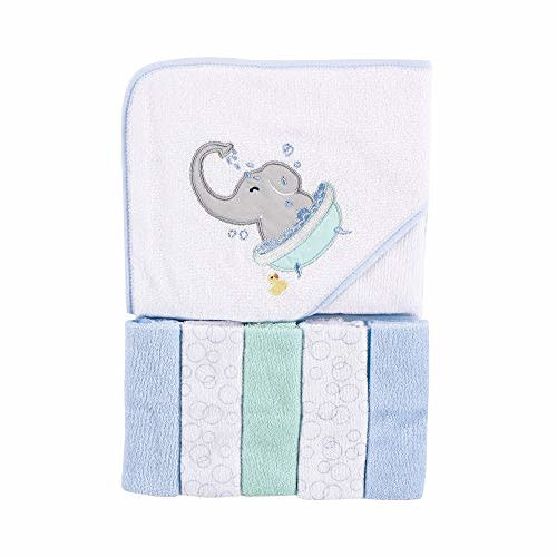 Luvable Friends Unisex Baby Hooded Towel with Five Washcloths, Elephant Bath, One Size
