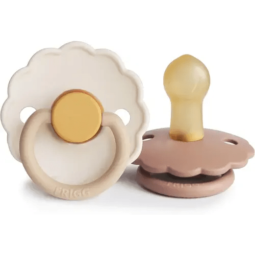 FRIGG Daisy Natural Rubber Baby Pacifier | Made in Denmark | BPA-Free (Chamomile/Peach Bronze, 0-6 Months) 2-Pack