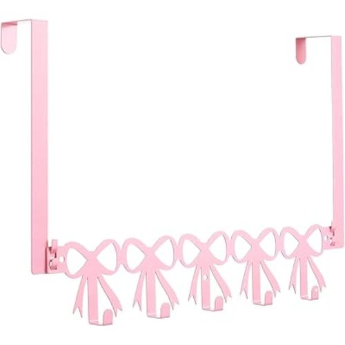 Pink Bow Over The Door Hooks Hanger Wall Mount Towel Hanger Door Holder Organizer 5 Hooks Kawaii Farmhouse Rustic Coquettish Style Decor for Bedroom Bathroom Towel Hat Clothes