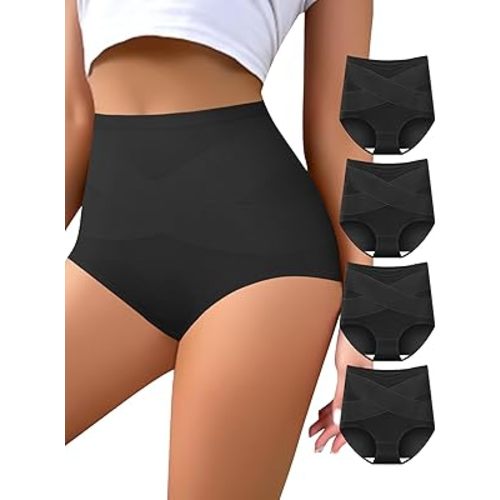 Women's High Waisted Underwear Slightly Tummy Control Cotton Panties Full Coverage Postpartum Briefs 4 Pack