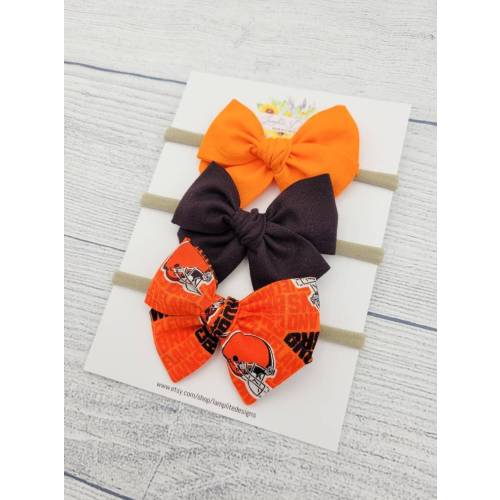 Cleveland Browns set of 3 fabric hair bows - orange brown hair bows - football bow - baby shower gift - toddler child - clips or headbands