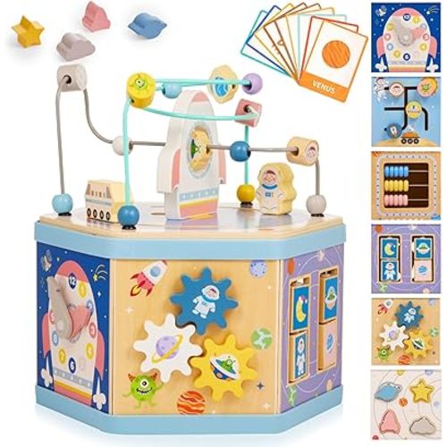 Large Wooden Space Activity Cube Toys, 9-in-1 Early Educational Montessori Learning Toys for 2 3 4 Toddlers with Abacus Bead Maze for 24+ Months Boys Girls First Birthday