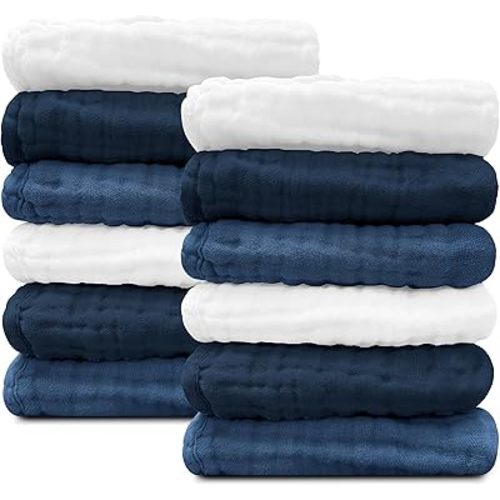 Sunny zzzZZ Baby Muslin Washcloths -100% Cotton Muslin Soft Baby Bath Wash Cloths and Absorbent Burp Cloths for Newborns Kids Girls and Boys -12 Pack, 12x12 Inches - White+Deep Navy Series