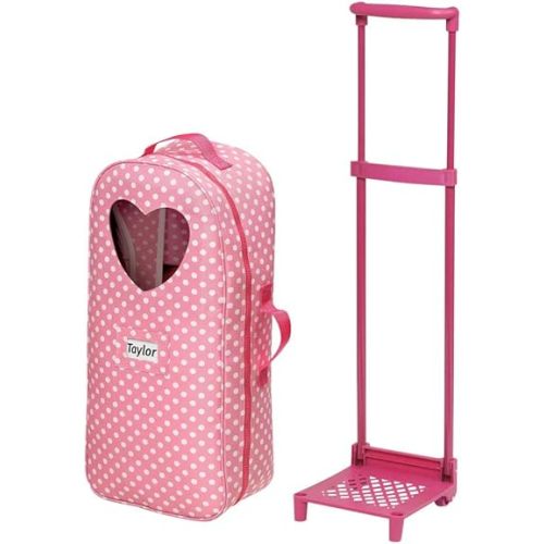 Badger Basket 3-in-1 Trolley Doll Carrier with Rocking Bed and Bedding – Adorable Pink Polka Dot Design for 18-Inch Dolls