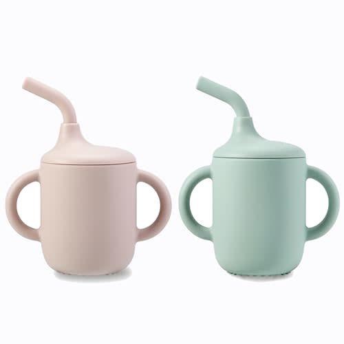 PandaEar 2 Pack 100% Tiny Silicone Drinking Training Cup with Handles & Straw for Baby and Toddler (Pink Green)