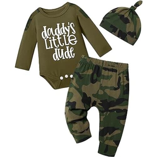 Newborn Baby Boy Clothes Letter Print Camo Long Sleeve Romper Tops + Camouflage Pants + Hat Infant Outfits 3Pcs Set