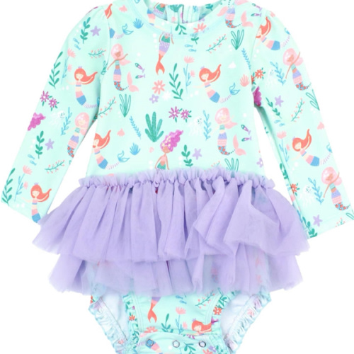 RuffleButts Baby Girls UPF 50+ Sun Protection Tulle Long Sleeve One Piece Rash Guard Swimsuit - Mermaid Princess, 2T