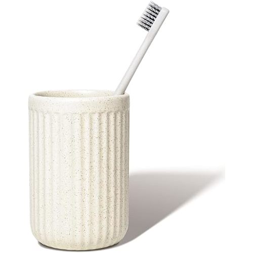 Beige Speckled Ceramic Toothbrush Holder, Rippled Cylinder Tumbler for Bathroom Countertop, Makeup Brush Holder, Pen Organizer, Multipurpose Bathroom Accessory